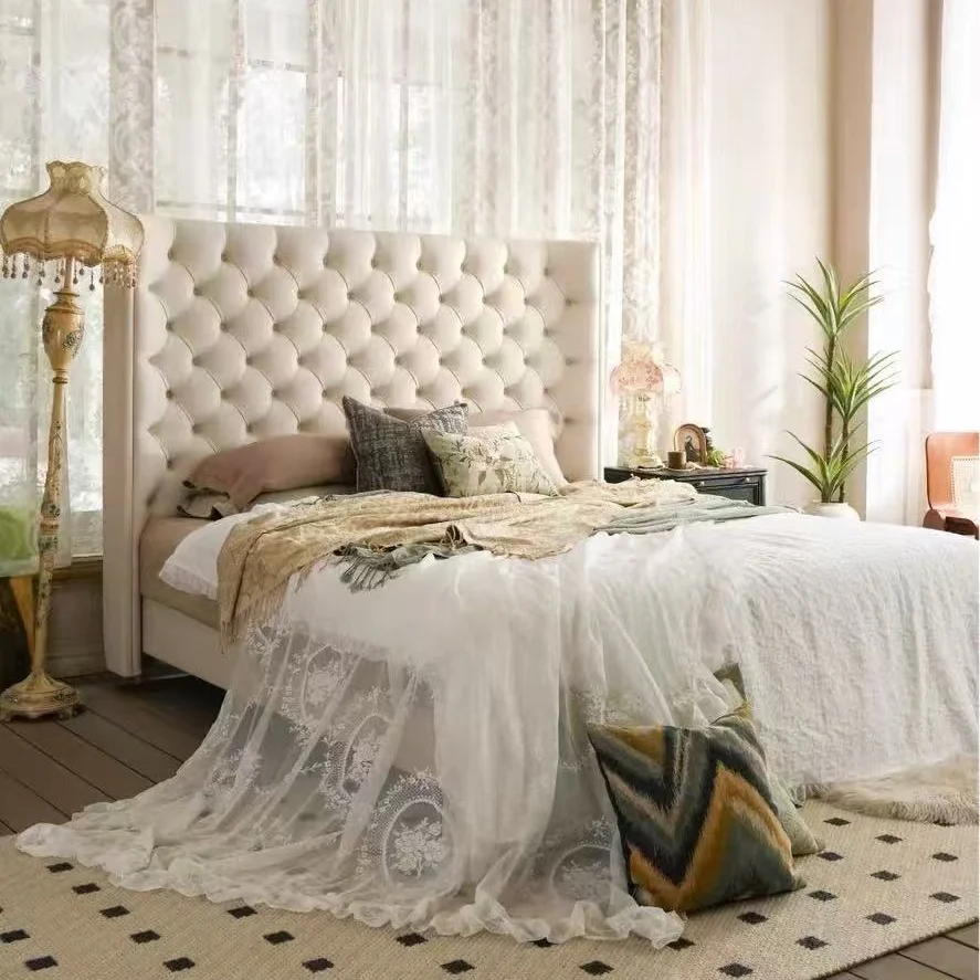 &c Creamy French-style Bed, High-end and Elegant, Italian Light Luxury Master Bedroom Large Button-tufted Leather Bed