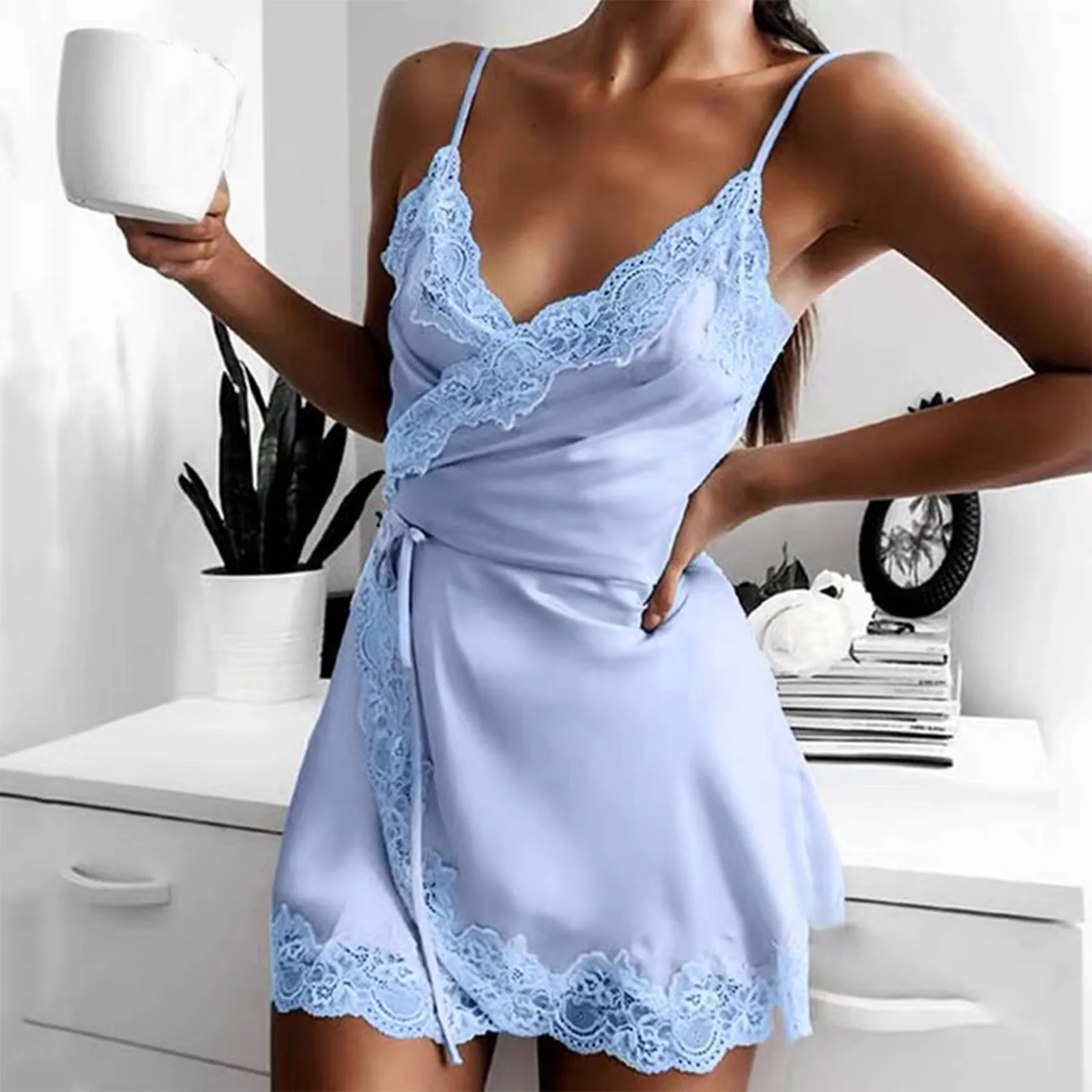 Sleepwear Women Suspenders Side Lace-Up Sexy Nightgown Solid Colour Floral Lace Night Dresses Special Design Erotic Lingerie