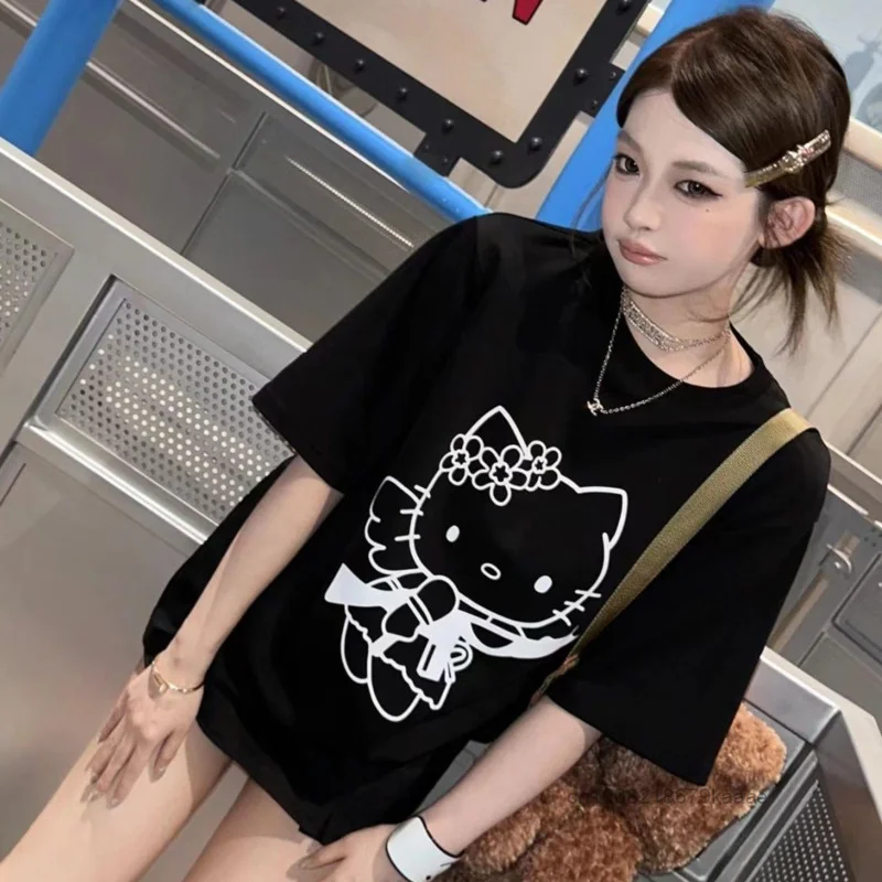 Camiseta Sanrio Hello Kitty de manga curta feminina, estilo americano, design moderno, camiseta de nicho, blusa casual solta de algodão para menina verão, Y2k