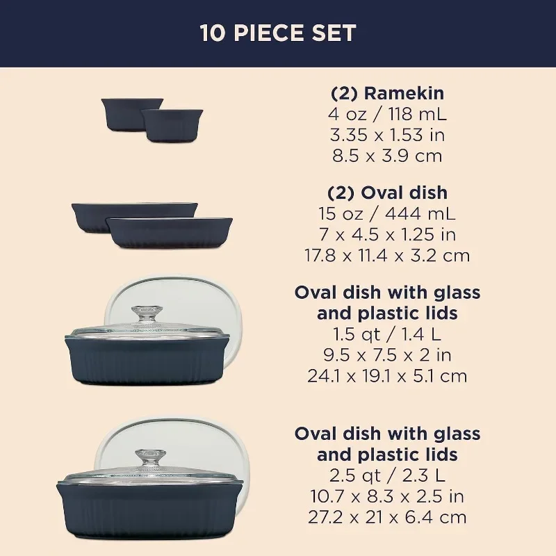 Cerâmica Bakeware Conjunto com tampas, Faiança resistente ao crack, Assadeira, Microondas, Máquina de lavar louça, Forno, Congelador, Chip