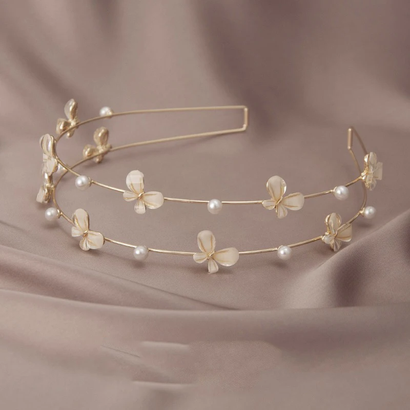 AWAYTR Shiny Rhinestone Flower Bow/Butterfly Hairband Metal Gold Silver Headband Hair Hoop Bezel Women Elegant Pearl Hair Bands