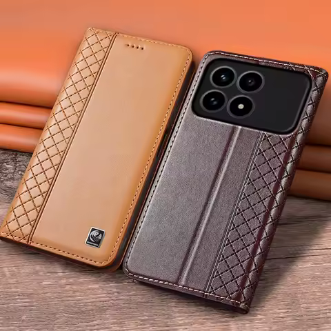 Flip Case For XIAOMI POCO F8 F7 Pro Ultra 5G Luxury Cowhide Genuine Leather Magnetic Cover Grid Pattern Card Pocket Wallet Cases