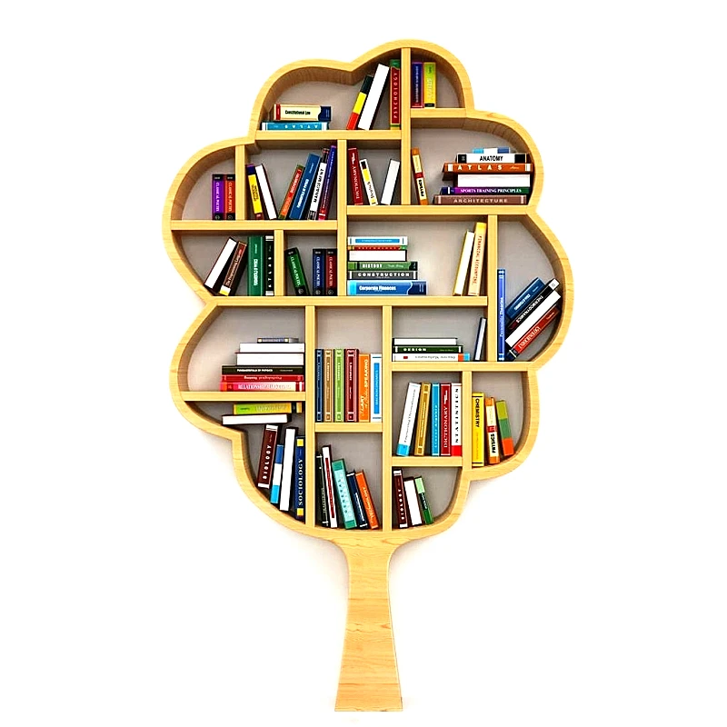 Creative tree shaped solid wood bookshelf library wall bookcase display rack hall reading  book rack