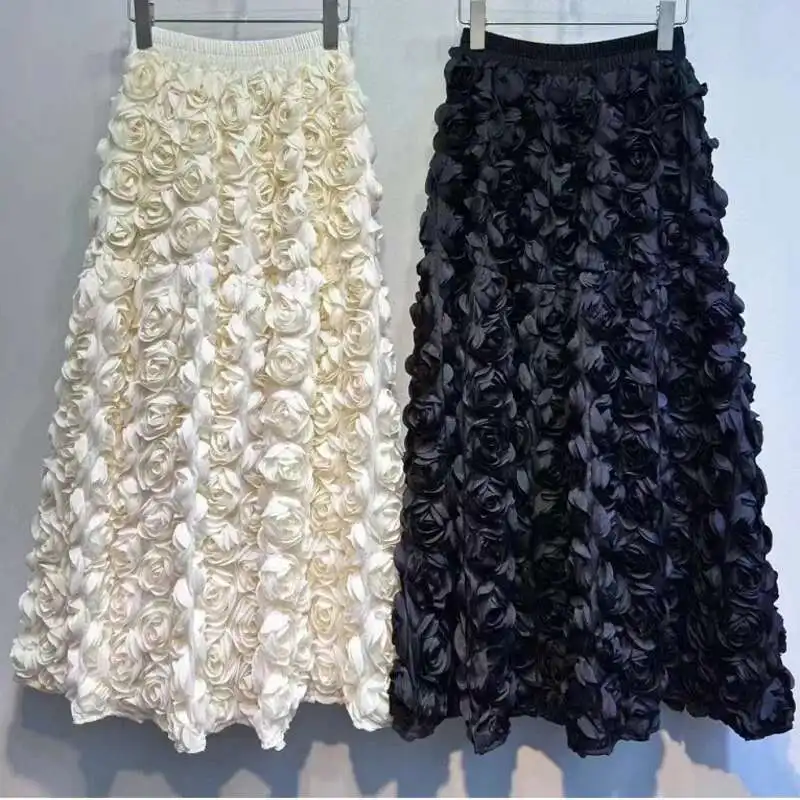 

3D Flower Design Loose Red Ball Gown Skirts High Waist Big Size Skirt Women Autumn New Tide All-match Clothing