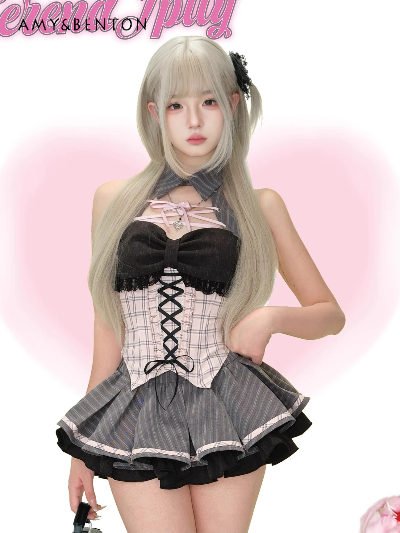 

Серый розовый лоскутный топ с отложным воротником в студенческом стиле для девочек на шнуровке + серая полосатая короткая юбка, комплект из двух предметов