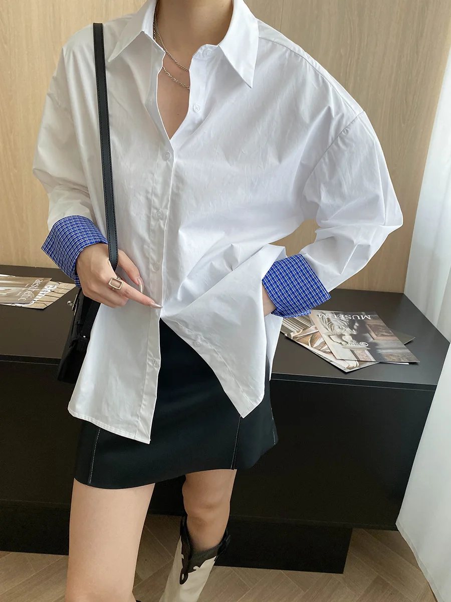 

2025 Spring And Autumn New French White Women's Shirt Plaid Cuffs Splicing Loose Long Sleeve Shirt Top