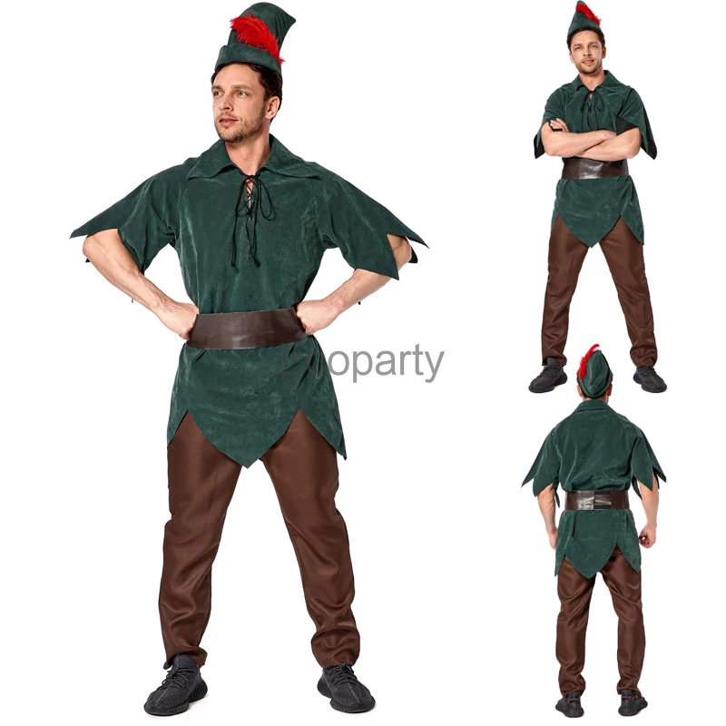 Men Halloween Christmas Pan Elf Cosplay Costume Adult Short Sleeve Felt Tops Pants With Hat Carnival Theme Party Dress Up Outfit