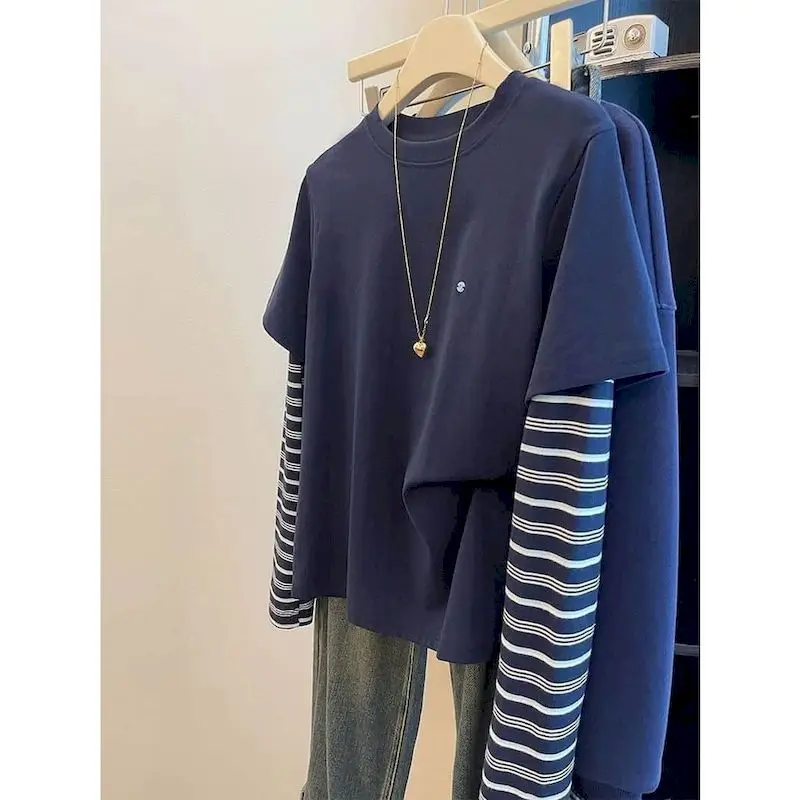 Loose T-shirts O-neck Fake Two-piece Contrast Color Striped Tops Vintage Casual American Style Long Sleeve Autumn Women Clothing