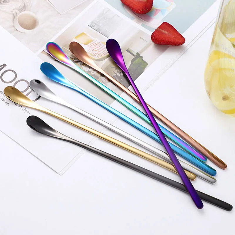 Long Handle Coffee Stir Spoon 304 Stainless Steel Teaspoon Dessert Ice Scoops Cocktail Spoon for Picnic Party Kitchen Bar Tools