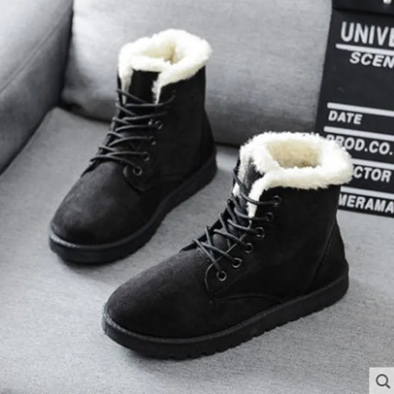Winter New Round Head Lace Up Cotton Shoes  Women Plush Insulation Flat Bottom Snow Boots