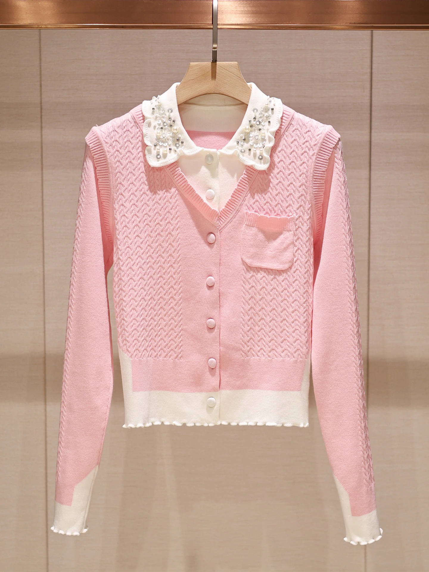 

Sweet Slimming Long Sve Knitted Sweater Fake Two-Piece Design Single Button Flip Collar Casual Sle Women's Faion Autum...