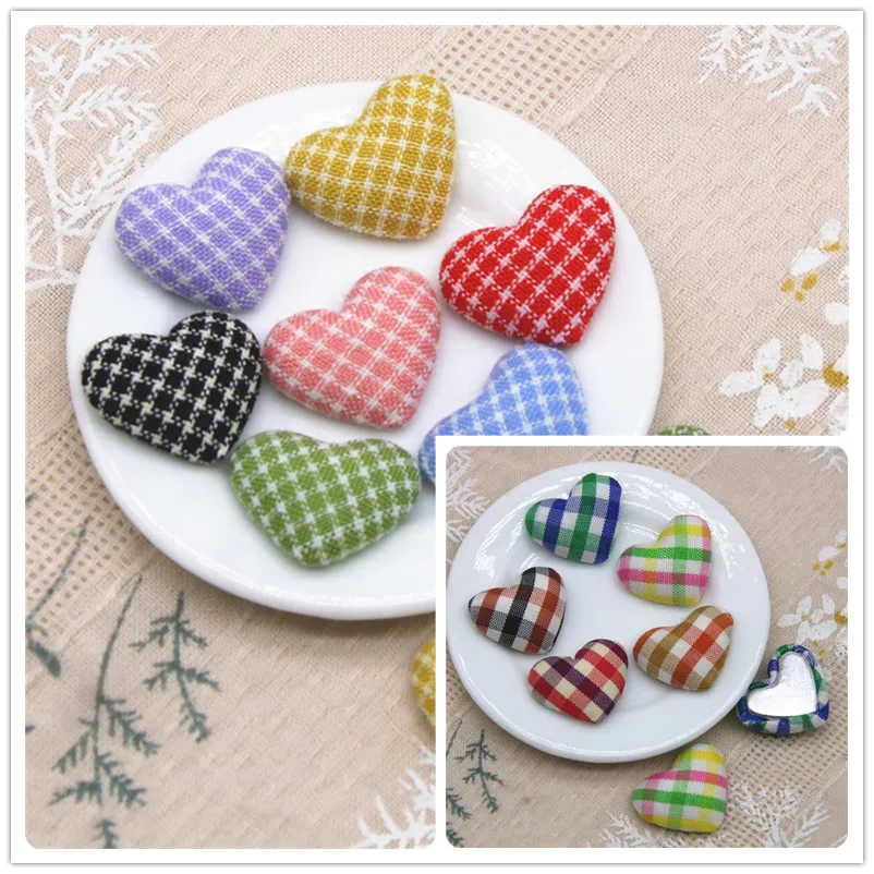 50pcs Mix Color Flatback grid Fabric Covered Heart Buttons Home Garden Crafts Cabochon Scrapbooking DIY 15mm