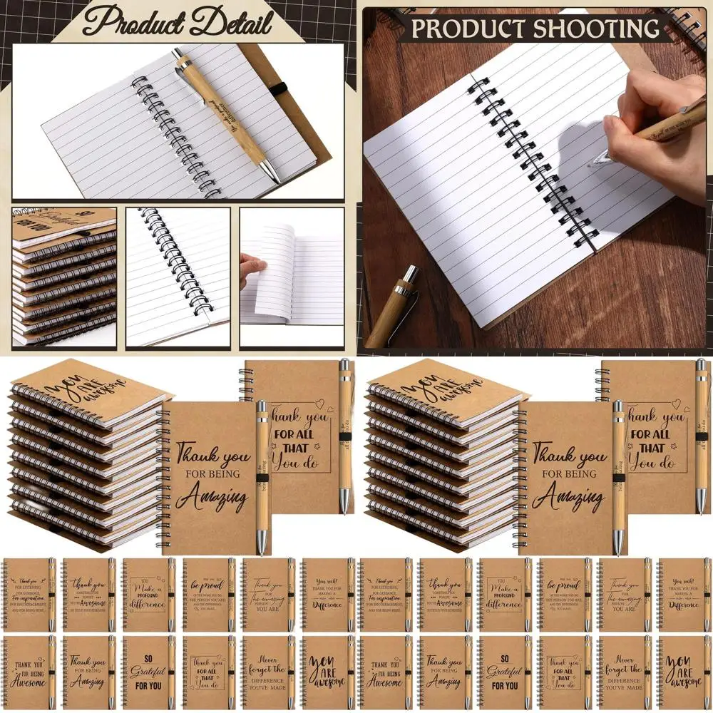 

100 Inspirational Kraft Notebooks with Bamboo Pens - 5.5x4.2 Inch Motivational Journals for Staff & Volunteers