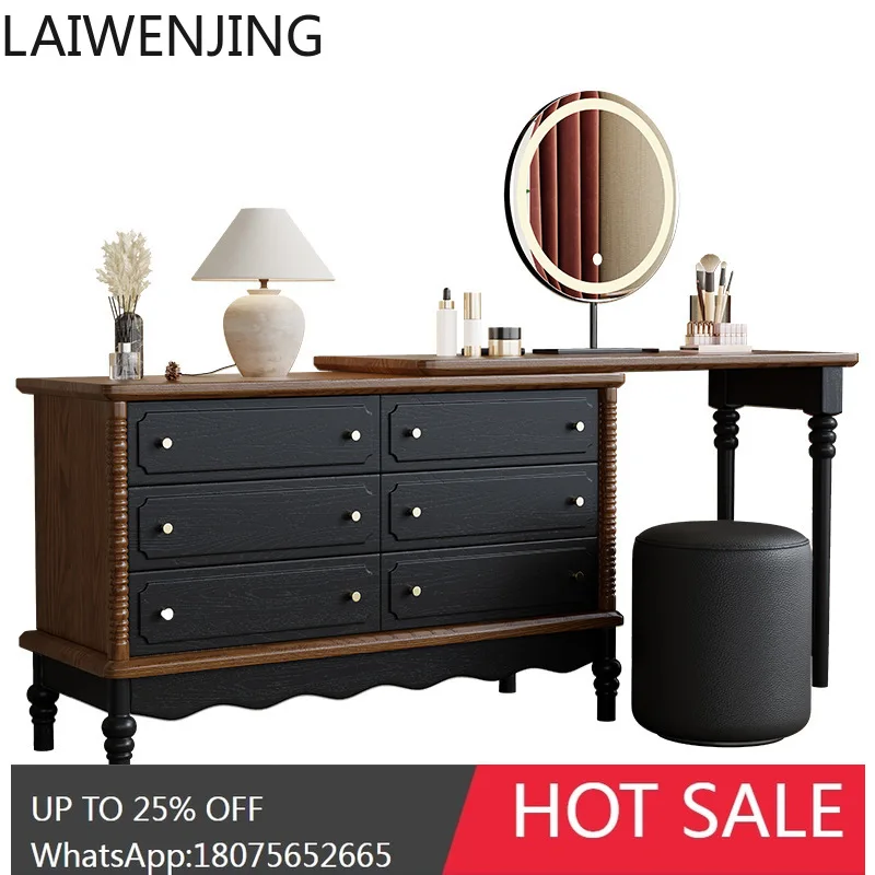 HLZ  Vintage Style Dressing Table and Chest of Drawers Integrated Bedside Solid Wood Makeup Table with Extendable Feature