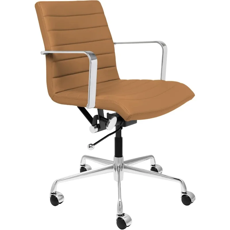 Mid Back Desk Chair, Ergonomically Designed with Arm Rest & Swivel, Made of Faux Leather, Tan, Computer Chair