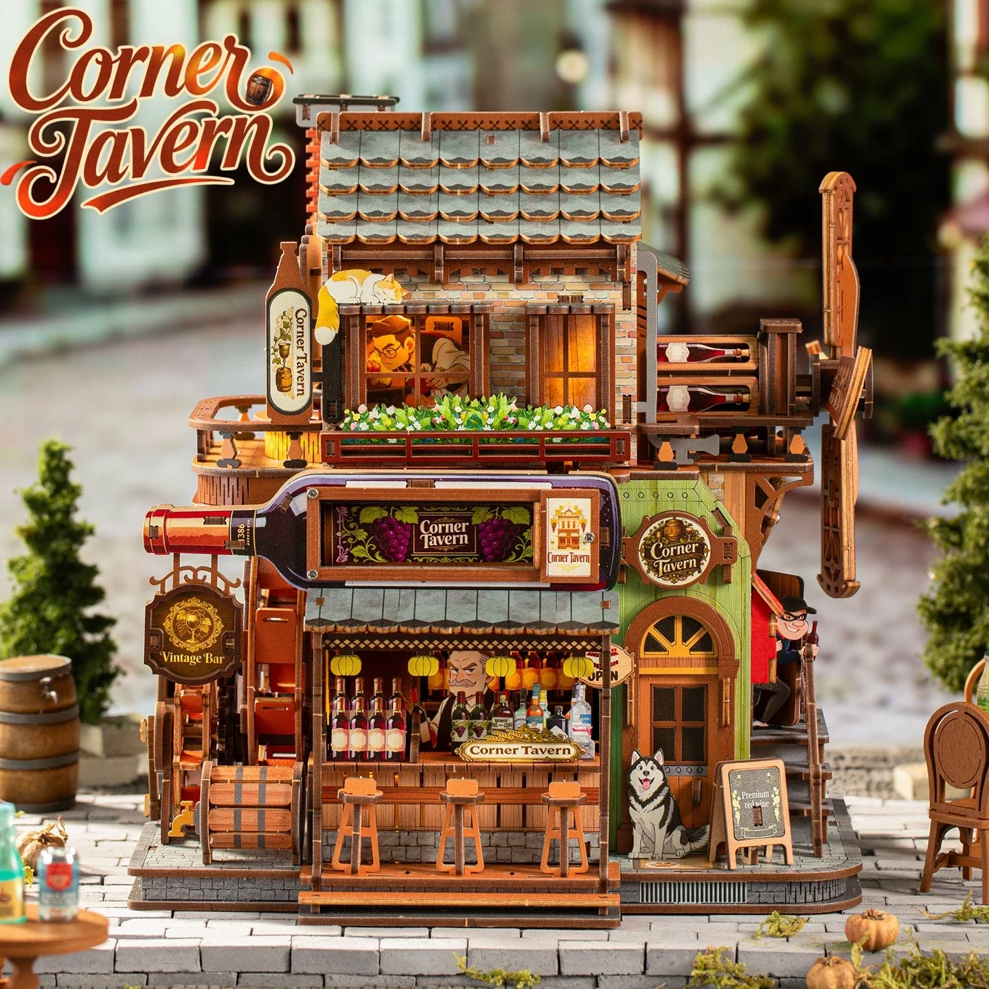 DIY Wooden Corner Tavern Cottage Miniature Dollhouse 3D Puzzle Assembly Rotation Model Kits for Adults Birthday Gifts Home Decor