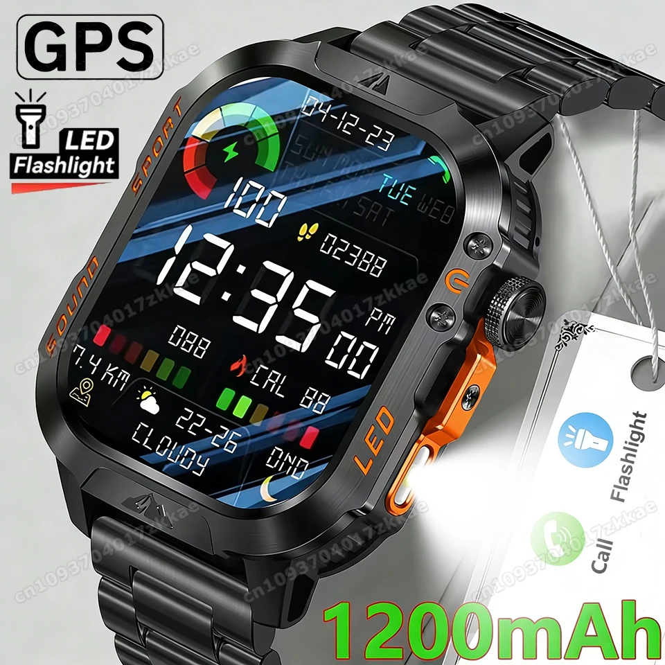 

Новые умные часы для мужчин 1200 мАч для активного отдыха, 2.01-дюймовый LED-дисплей, фонарик, измерение пульса, беспроводные звонки, водонепроницаемость IP68, SmartWatch HW12