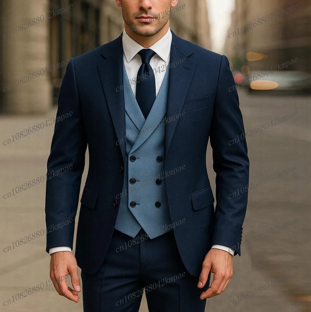 

Dark Blue And Blue Formal Men Suit Groom Groomsman Wedding Party Prom Business Male Tuxedos 3 Piece Set Blazer Vest Pants