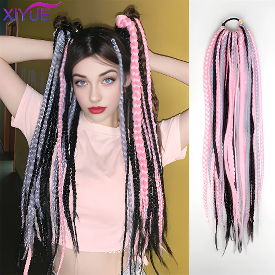 XIYUE 24pc Synthetic Braided Ponytail With Rubber Band Long Colorful Hair Braids Pony Tail Hair Extensions For Girls