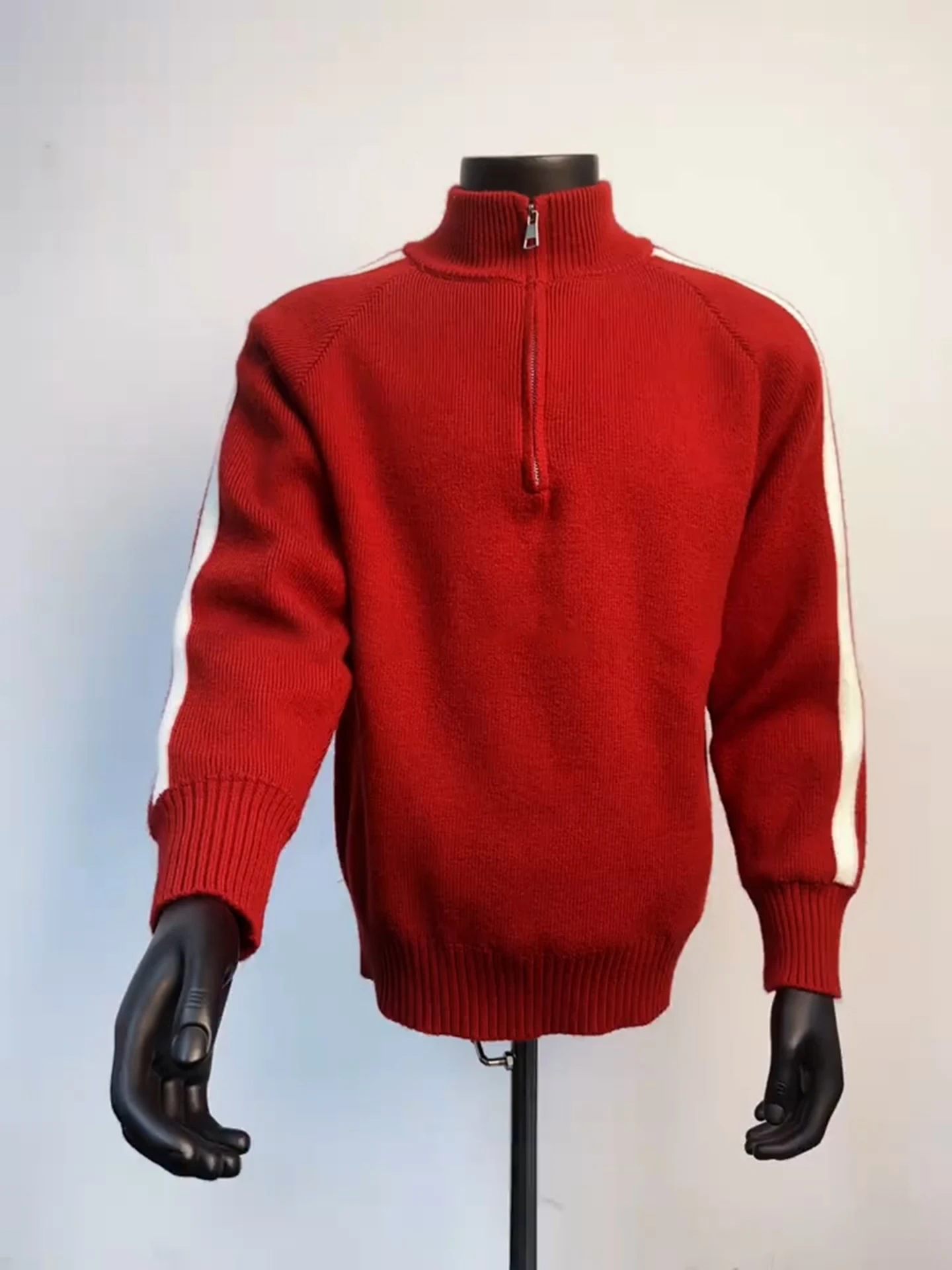 

American Stripe Splice f Zipper Fce Lined Men's Winter Knitwear Red Knitted irt High End Feeling Outerwear