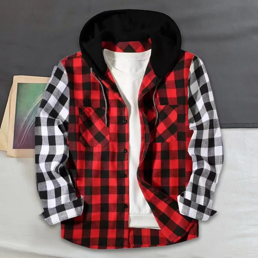 Adjustable Drawstring Shirt Jacket Men's Plaid Print Hooded Shirt Coat with Adjustable Drawstring Long Sleeves Chest Pocket Fall