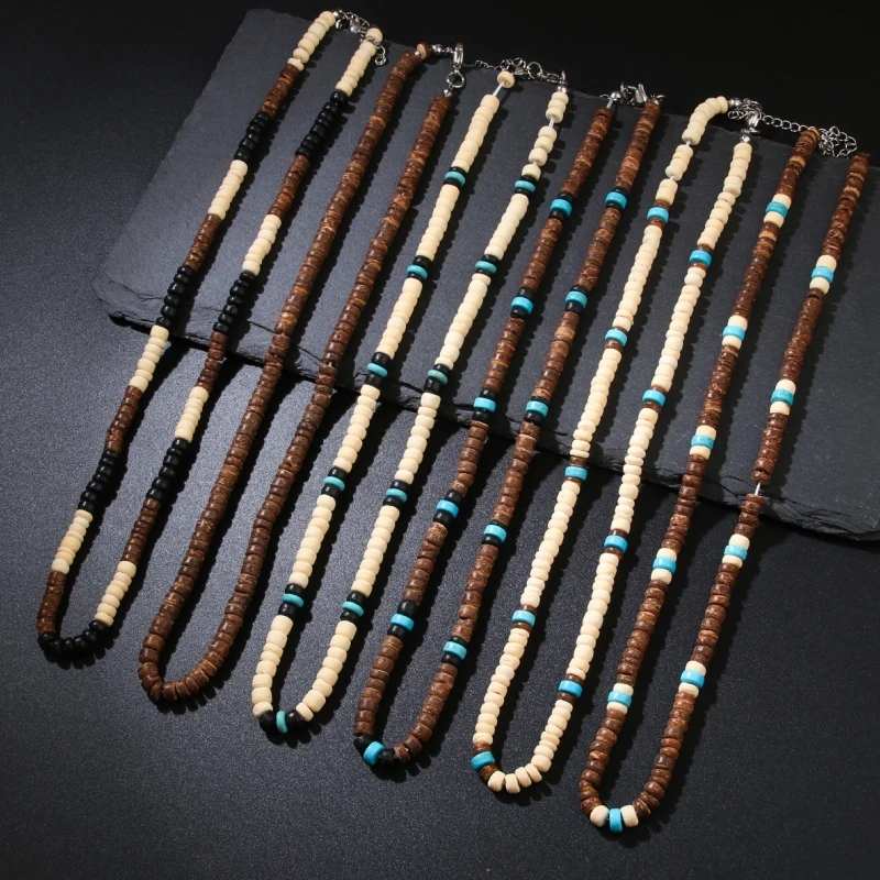 Coconut Wood & Turquoise Bead Necklace, Handcrafted Ethnic Mixed Beads, Adjustable Vintage Bohemian Unisex Jewelry