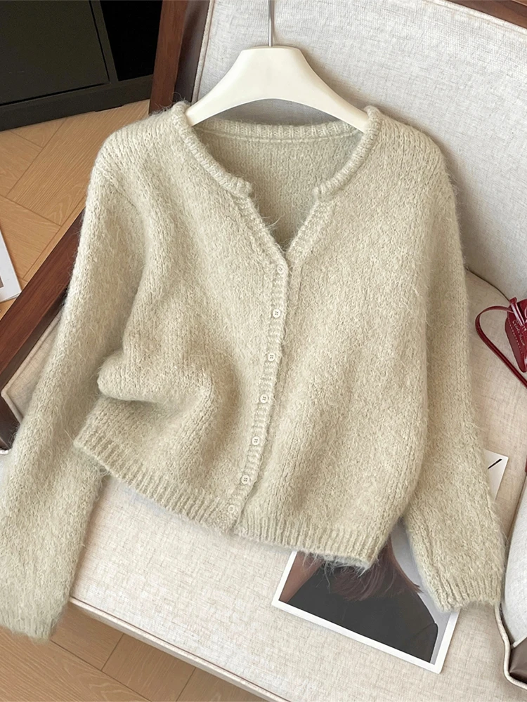 Women Beige Cardigan Cozy Sweater Harajuku Vintage Korean Y2k Long Sleeves V-Neck Cashmere Sweaters Jumper 2000s Clothes Autumn