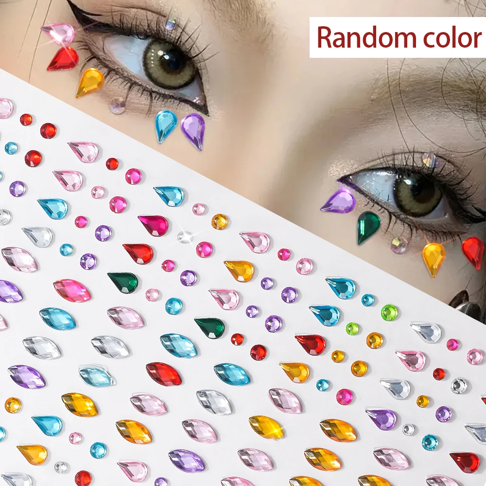 1Sheet 3D Colored Teardrop Diamond Face Eye Tattoo Sticker Sparkling Self-Adhesive Rhinestones Tattoos for Cosplay Makeup Decals