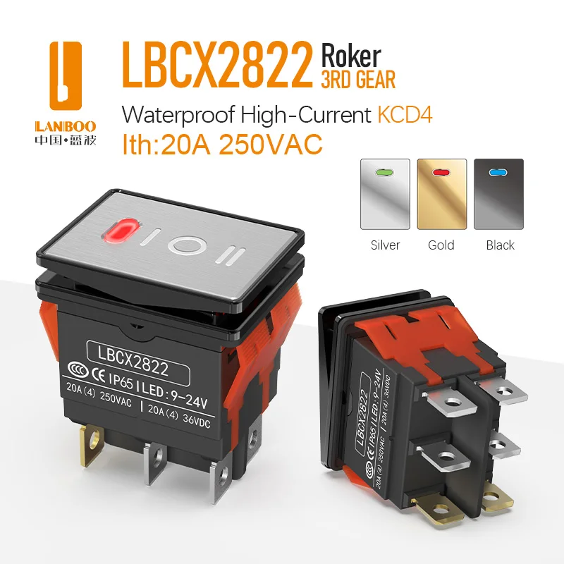 LANBOO 28*22mm With Red, Green And Blue Indicator Light 2-Speed/3-Speed 2NO2NC Metal Rocker Switch
