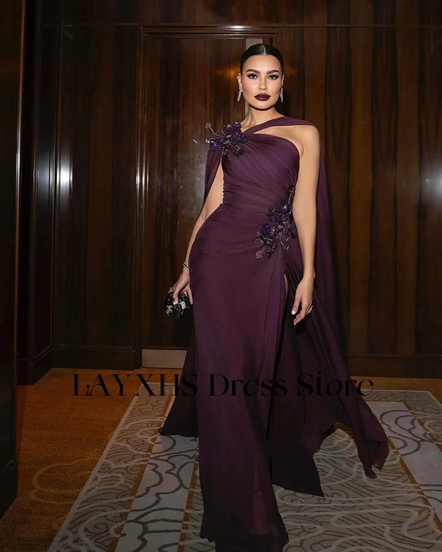 LAYXHS Mode Frauen Abendkleider Lila One-Shoulder-Meerjungfrau Seitenschlitz 3D-Blume Formelle Anlässe Partykleider فساتутМة