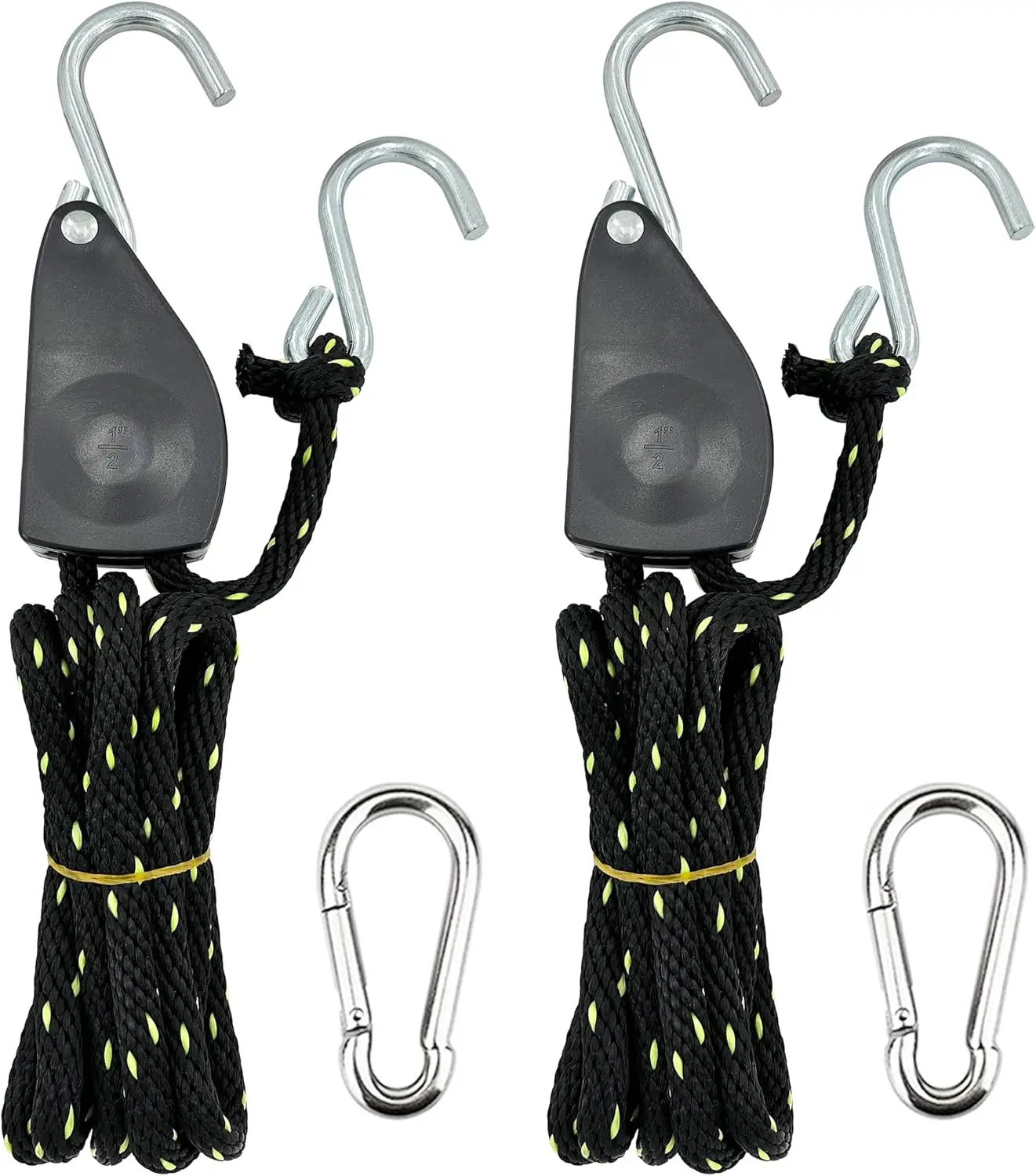 

Heavy-Duty Tie Down Rope 1/2" x 16ft with Ratchet Pulley & Carabiner for Kayak Boat Truck – 1 Pair