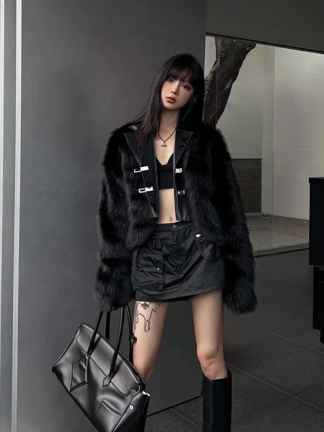 Chaqueta de Piel Sintética Ecológica para Mujer, Estilo Blazer, Otoño Invierno, Sensación de Alta Gama, Piel y Pelo Sintético para Mujeres Jóvenes