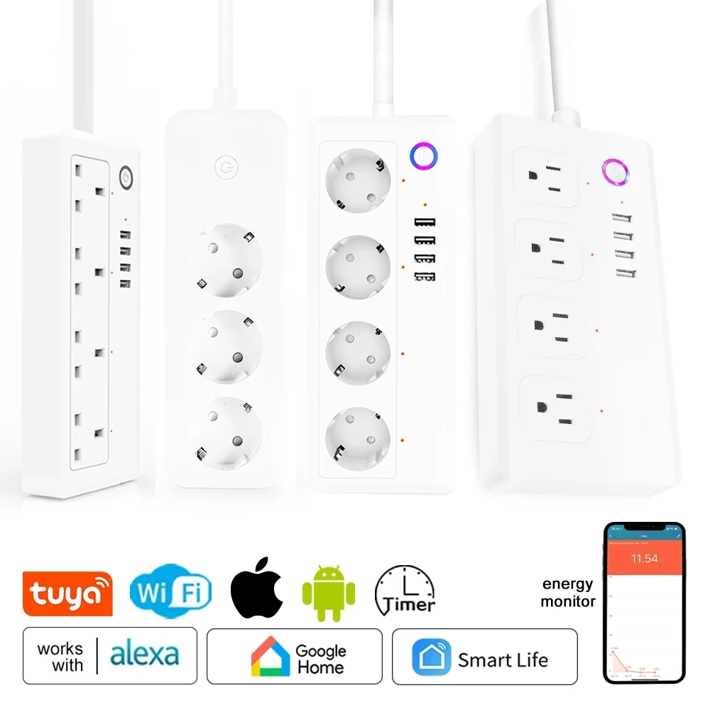 Multiprise WiFi Smart Socket, multiprise avec 4 prises, 4 ports USB, compatible avec Alexa Google Home, Tuya Smart Launches Life