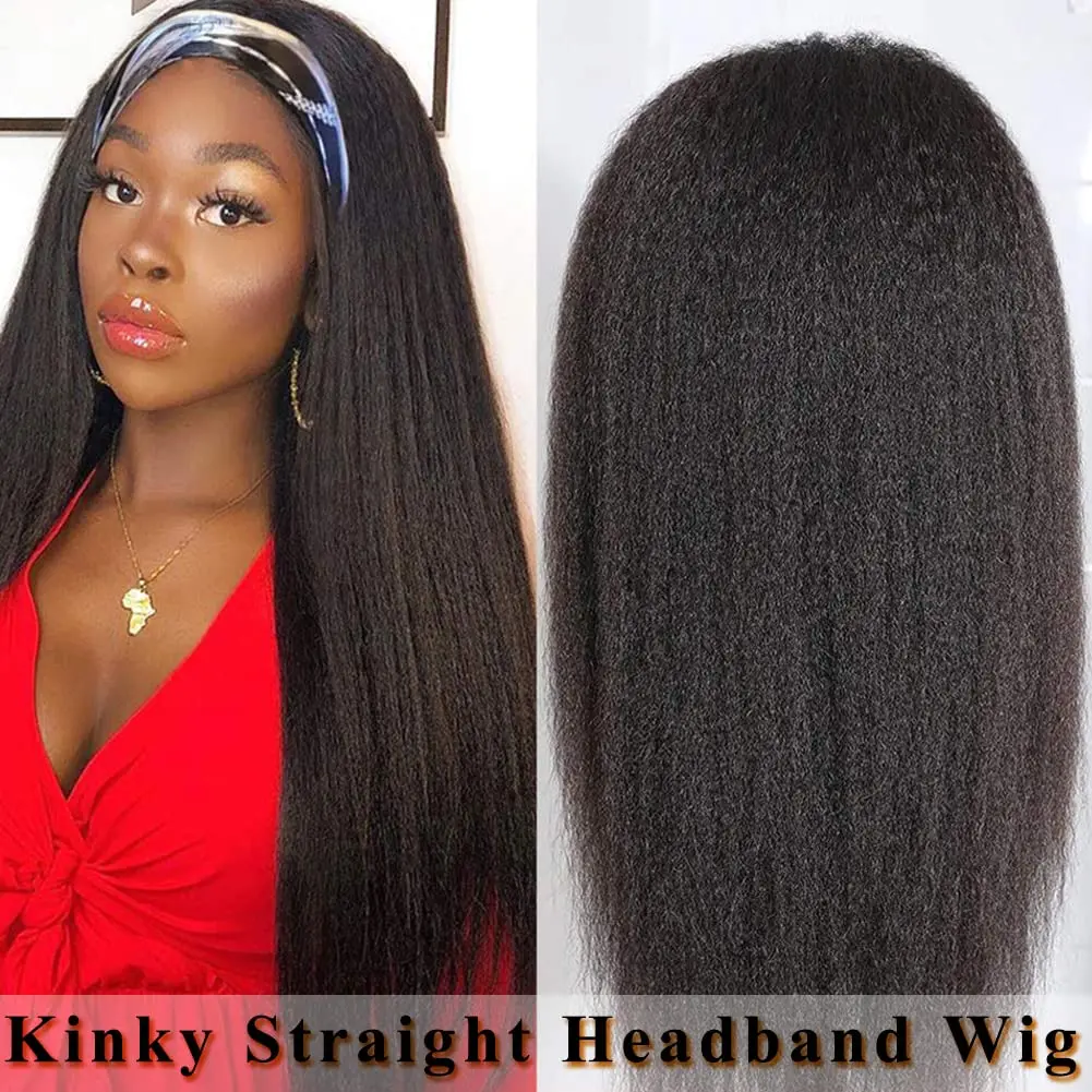 Headband Peruca Cabelo Humano Yaki Straight Glueless Headband Peruca Nenhum Lace Front Peruca de Cabelo Humano Kinky Straight Wig para Mulheres