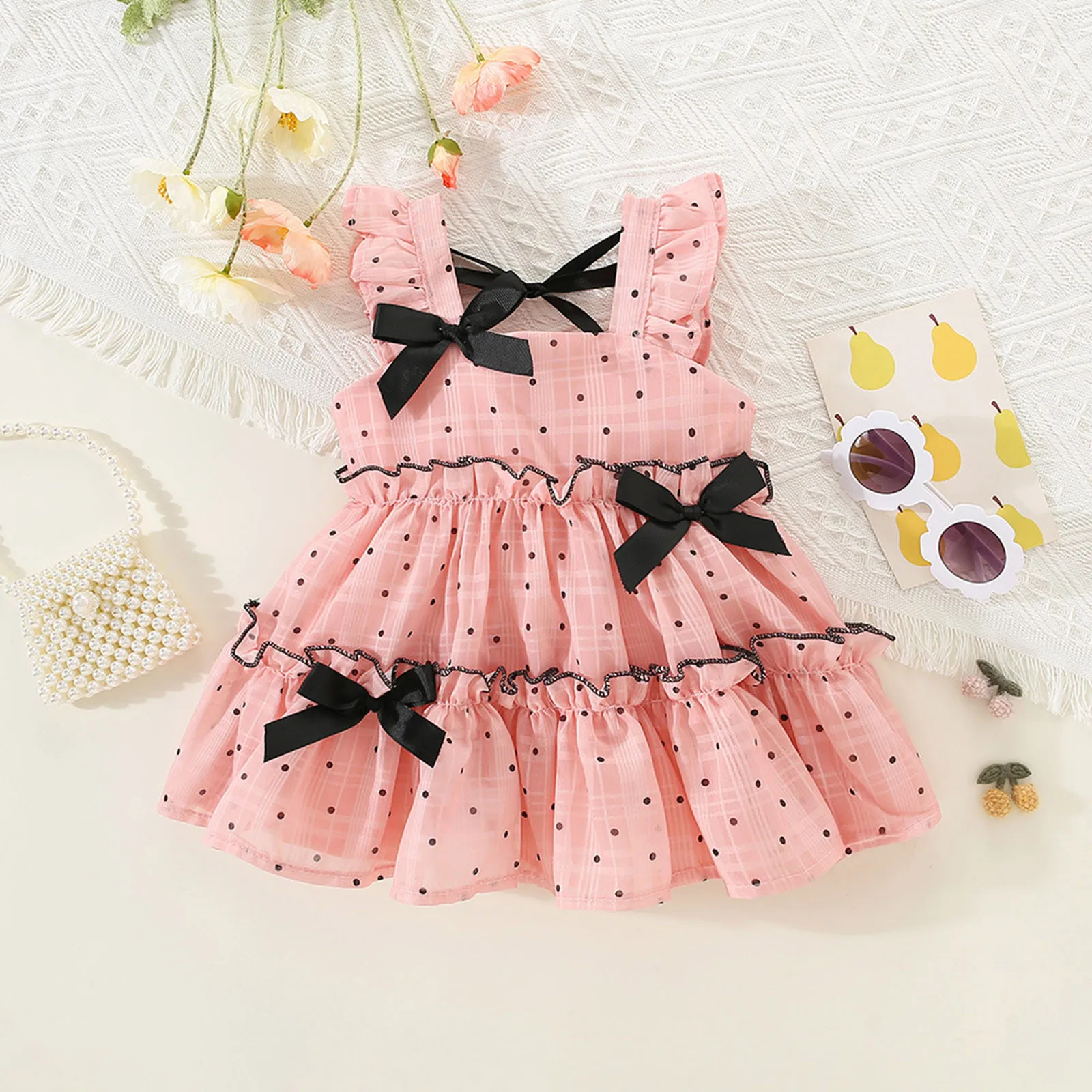 Bow Knot Sweet Baby Girl Dress Sleeveless Polka Dot Summer Toddler Childrens Clothes Birthday Party Princess Dress 0 1 2 3 Years