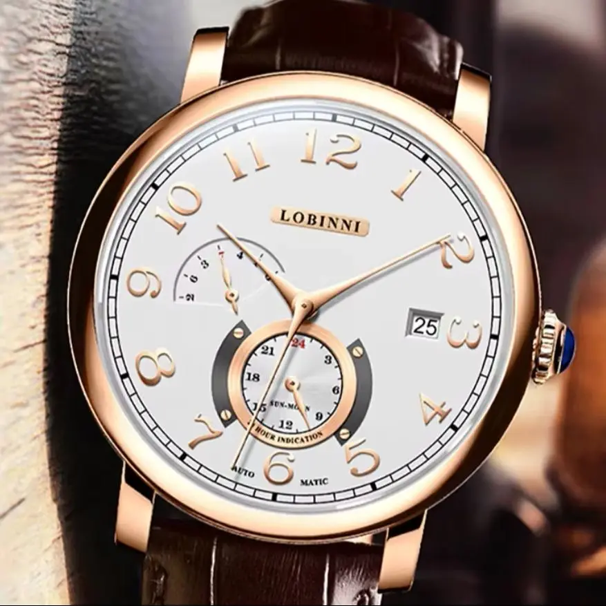 LOBINNI Men Automatic Watch 40mm Mechanical Wristwatch 50M Waterproof Sapphire Mirror Multi-Dial Week Date 24 Hours
