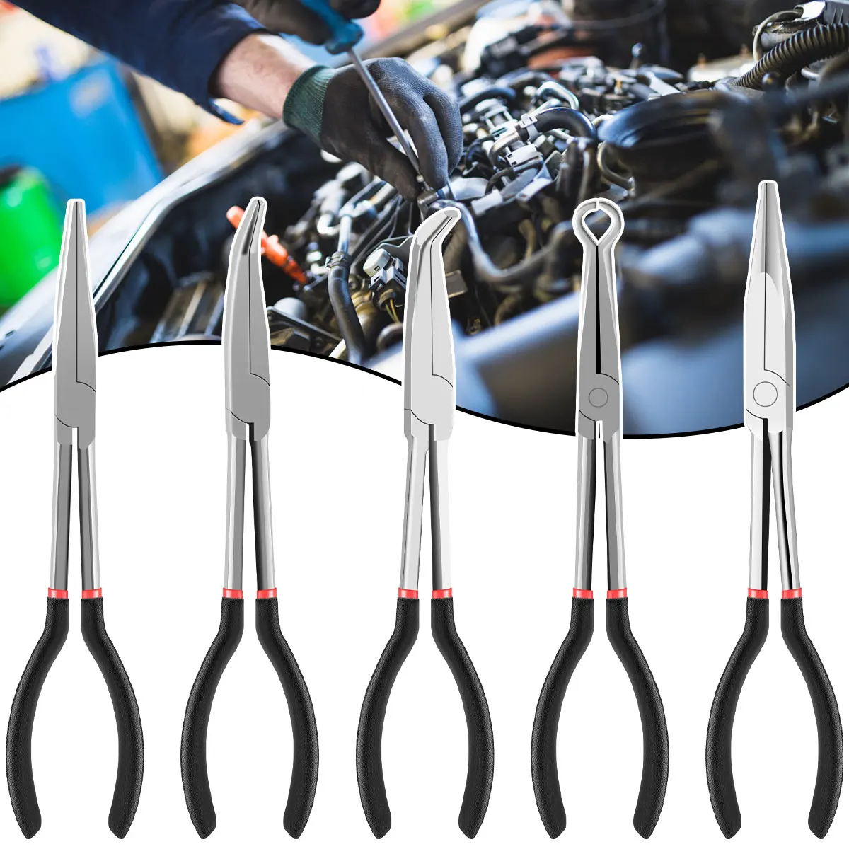 3/5Pcs Needle Nose Pliers Set 11 Inch Carbon Steel Long Reach Pliers Non-slip Straight Pliers Bent Nose Pliers for Narrow Spaces