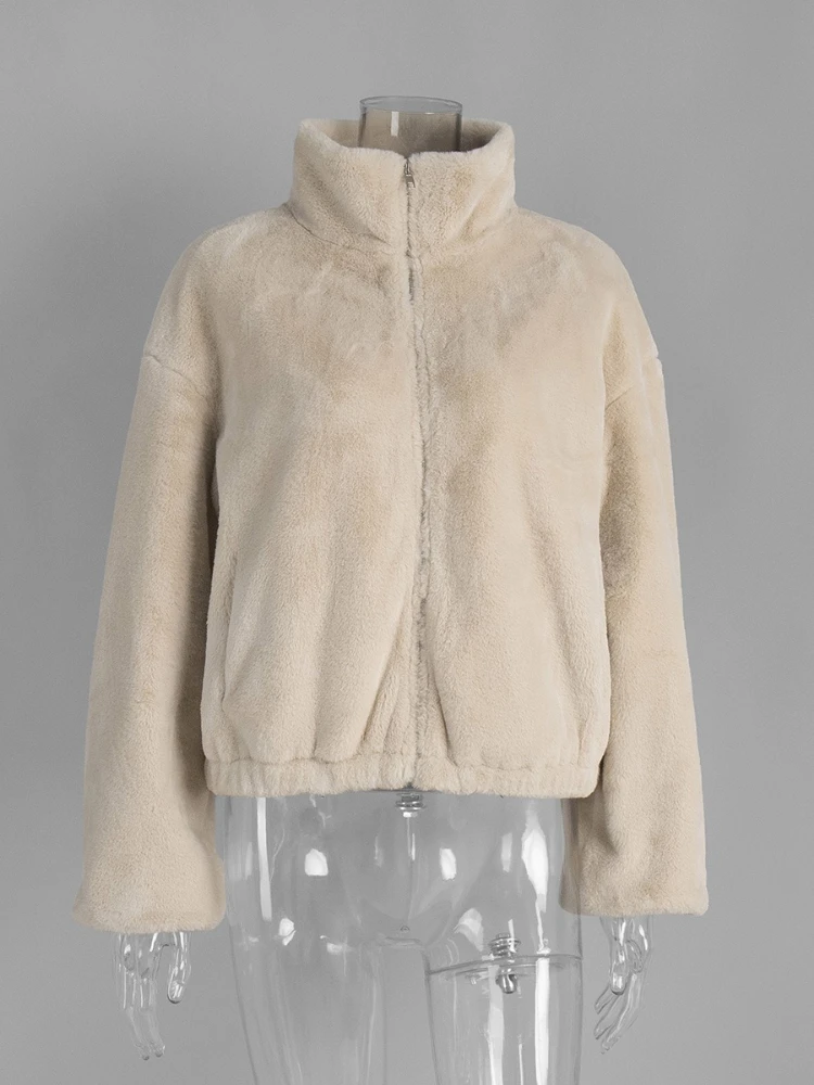 

EOENKKY New Women's Faux Fur Jacket Zipper Warm Plush Coat Oversized Soft Fluffy Stand Up Collar Autumn Winter Casual Jacket