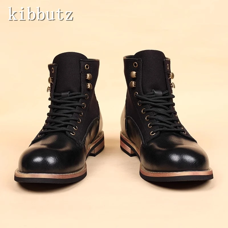 Botas de couro masculino tecido de motocicleta, tornozelo, renda, zíper traseiro, emenda, vintage, britânico, ferramental, outono, novo