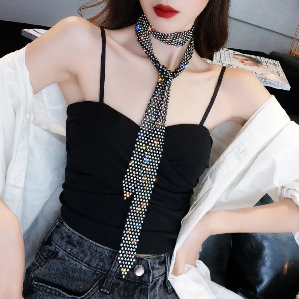 Exaggerated Shiny Multi-row Rhinestones Long Tassel Collarbone Chain for Women New Personality Neck Strap Black Vintage Necklace