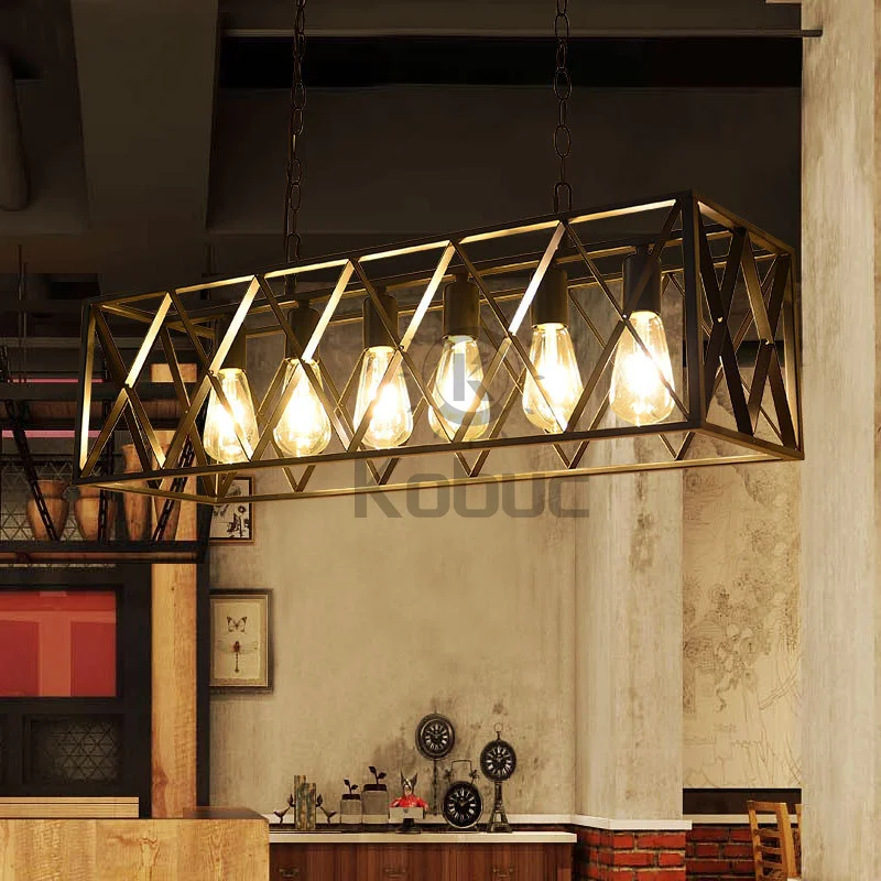 

Kobuc Vintage Loft Metal Cage Pendant Light Rectangle 4/6 Head Light Pendant for Cloth Shop Bar Creative Restaurant Decor Lamp