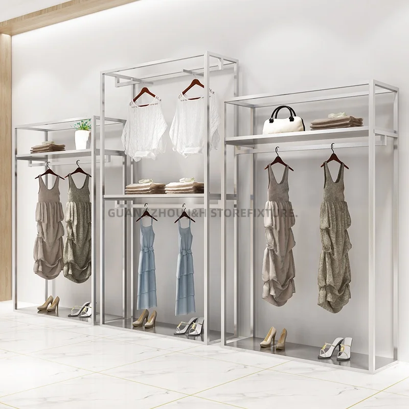 customized.Garment Store Shelf  Clothes Hanger Coat Rack Floor Hanger Storage Clothing Display Racks Stands With Shelv