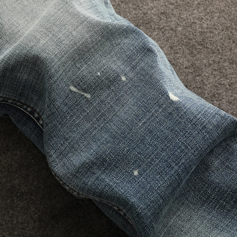 Fashion Designer Men Jeans High Quality Retro Washed Blue Stretch Slim Fit Ripped Jeans Men Painted Vintage Denim Pants Hombre