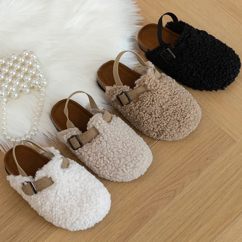 Warm Shearling Birken Clog Sandals For Girls Brand Design Lambswool Mule Slippers Kids Cork Sole Elasic Band Fur Slide Shoes