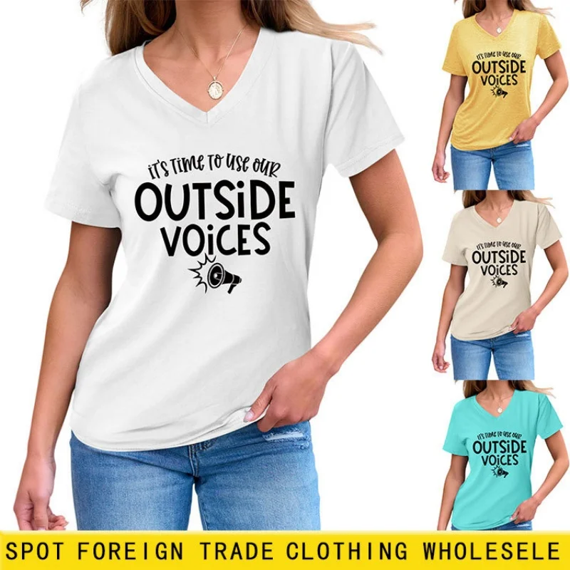 

Стильная летняя женская футболка с короткими рукавами и V-образным вырезом в корейском стиле — удобный и модный топ свободного кроя.