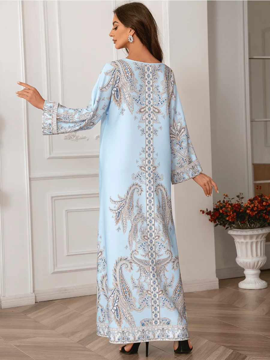 Eid Muslim Beading Party Dress for Women Ramadan Abaya Long Dress Print Morocco Kaftan Vestidos Largos Dubai Robe Jalabiya 2024