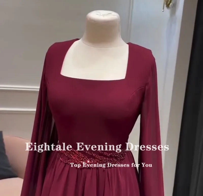 Eightale Arabische Abendkleider für Hochzeit, Party, Chiffon, Perlen, A-Linie, individuelle Flügelärmel, Burgunderrot, muslimische Abschlussball-Party-Kleider