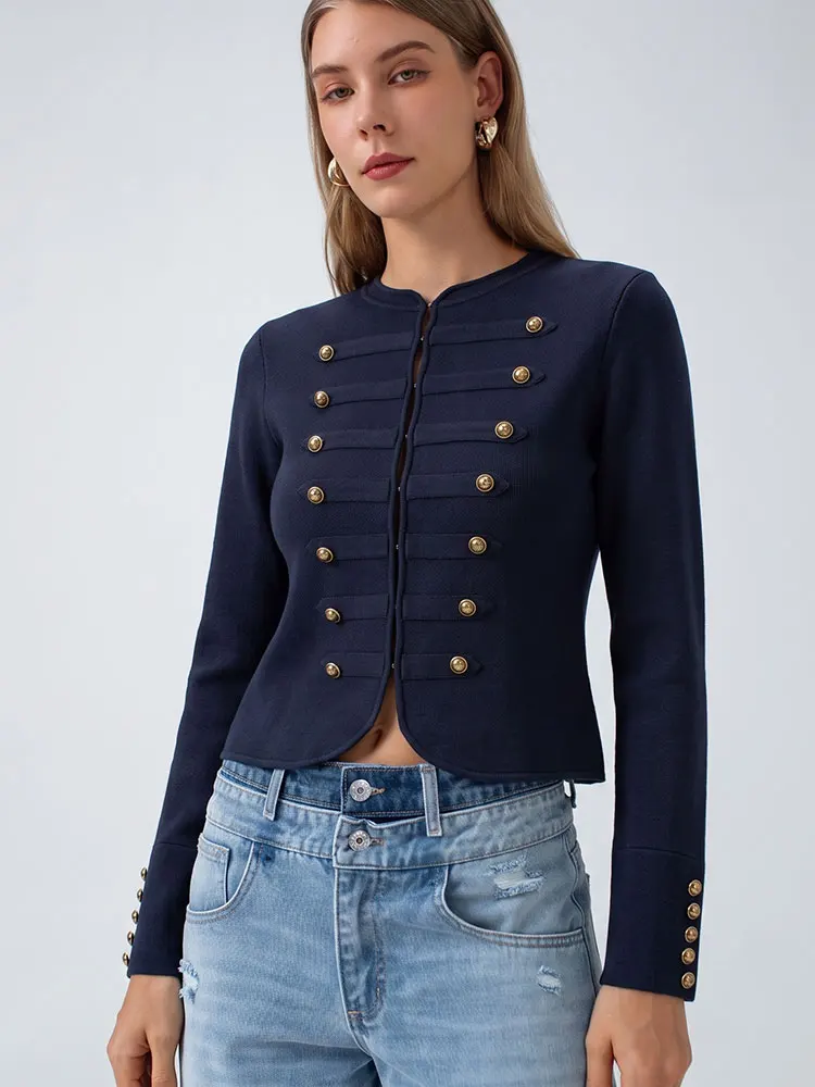 HH Womens Navy O Neck Cropped Slim Jacket Covered Button Long Sleeves High Street Casual Summer Party Fashion Vacation Coat
