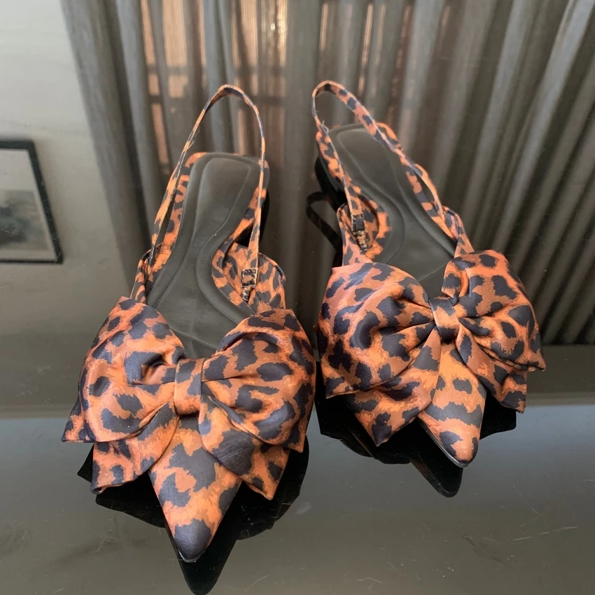 2024 Woman\'s Leopard Print Flat Mules Sweet Bow Pointed Toe Ballet Shoes Spring Summer Casual Slingback Design Women Shoes