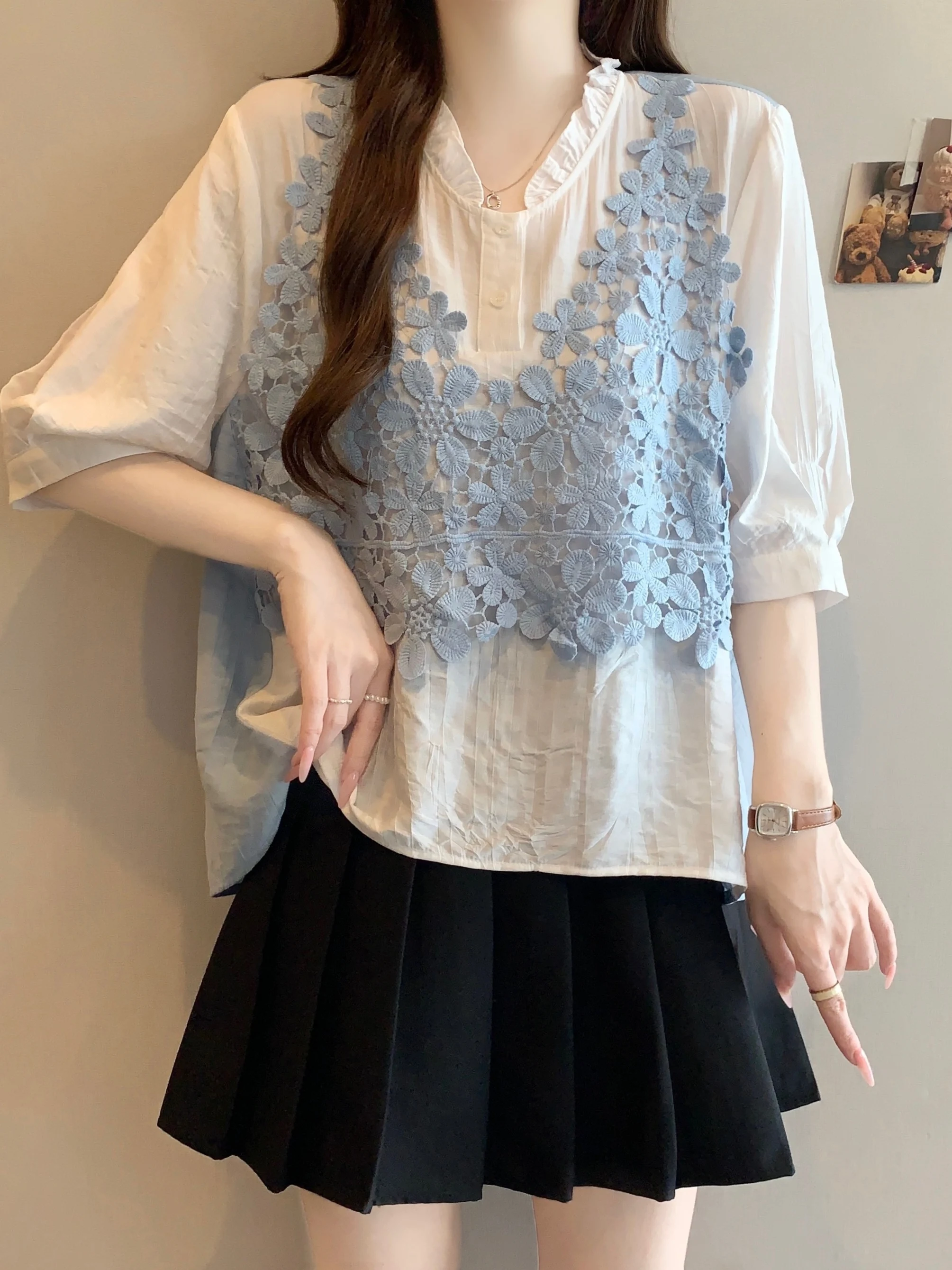

Summer Casual Style Short Sleeve Shirt Women's plus Size Faux Two-Piece Set Vest Patchwork Beautiful Top Unique Design